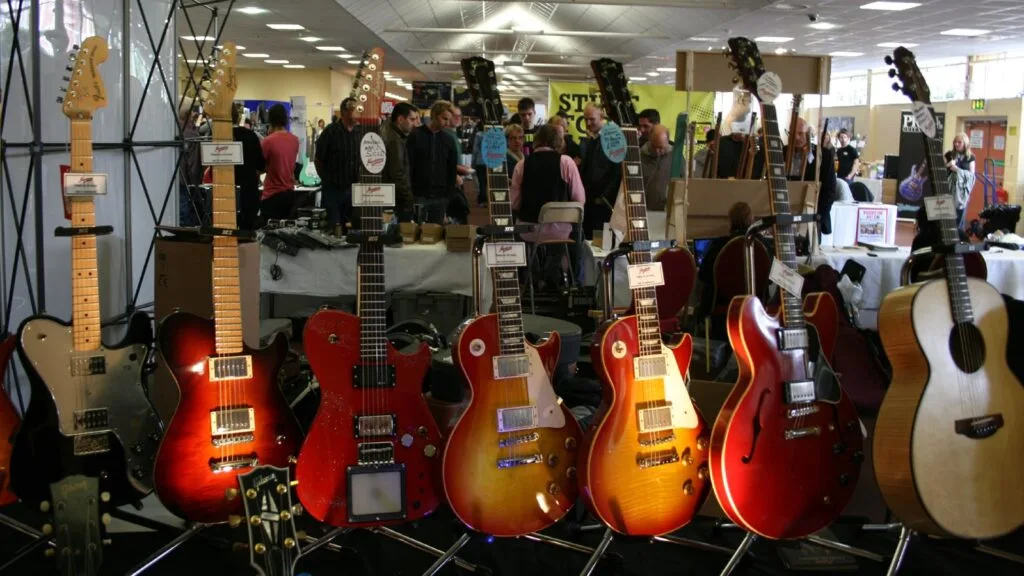 Guitar safely stored on floor stand