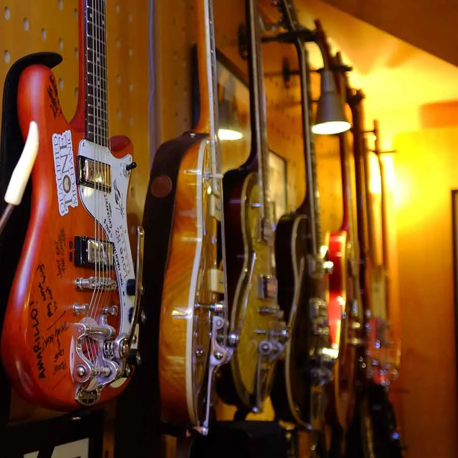 Electric guitars displayed in studio