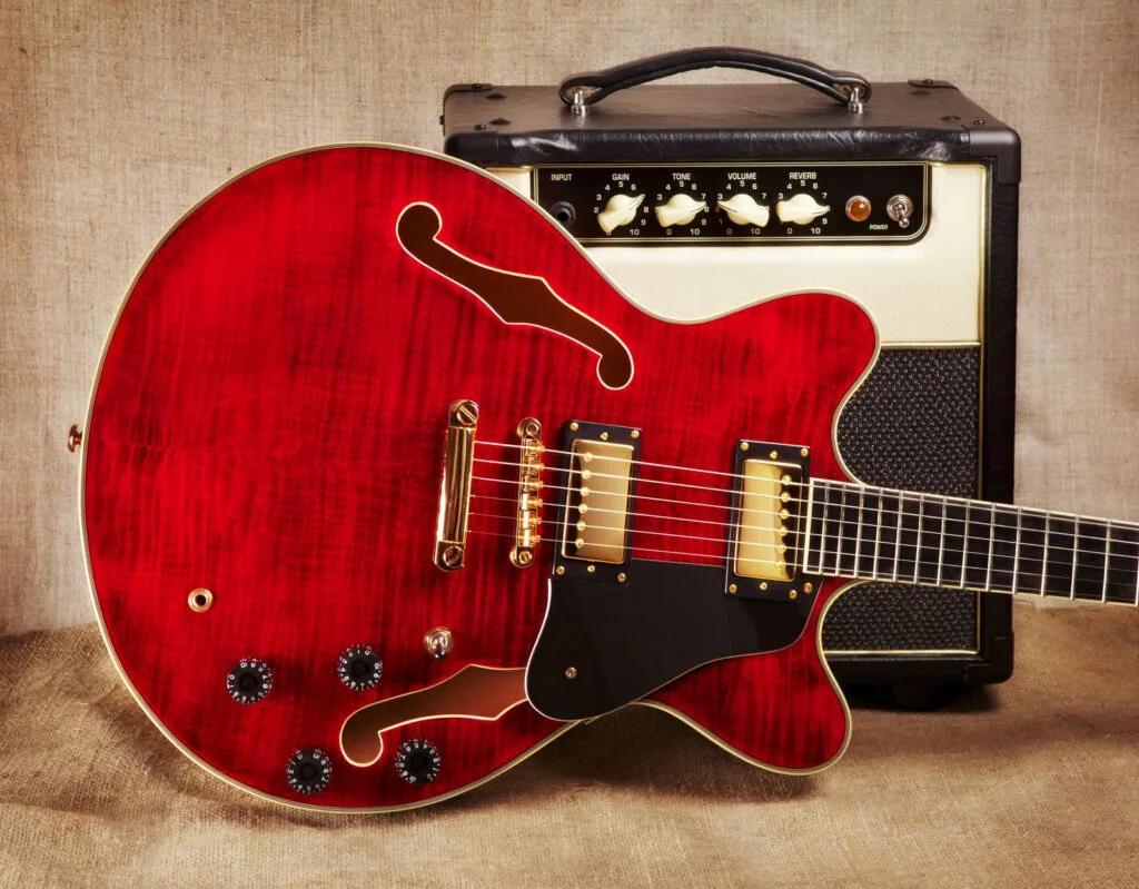 Hollow body jazz guitar with sunburst finish
