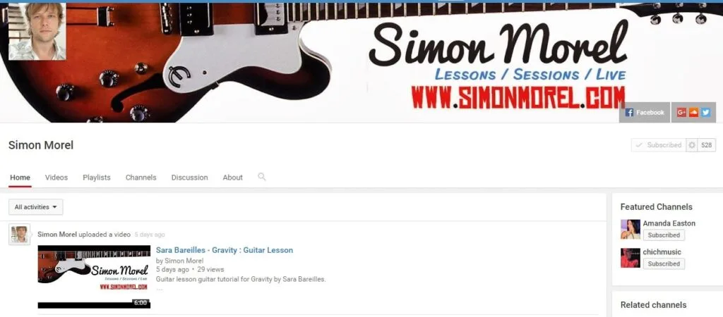 Screenshot layout showing the early branding design of the Simon Morel Guitar YouTube channel