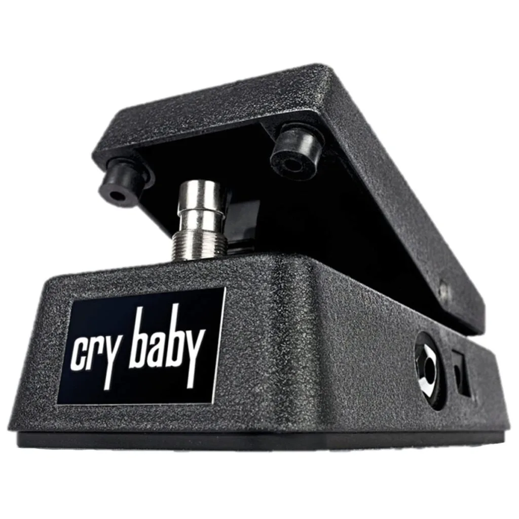 A classic black Dunlop Cry Baby wah guitar effects pedal on a white background