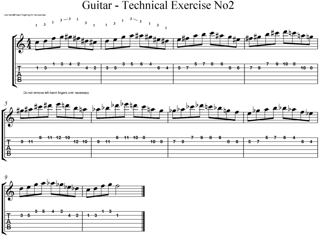 Guitar technical speed drill sheet music displaying complex sixteenth note picking exercises