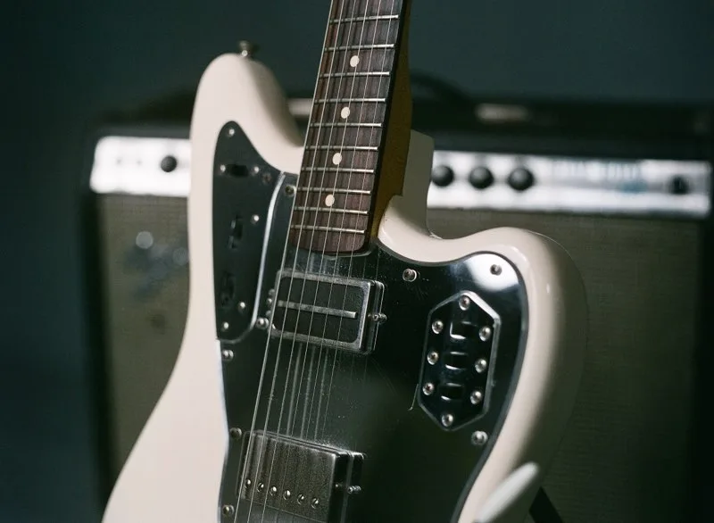 Fender Jaguar offset electric guitar close up showing strings and pickups